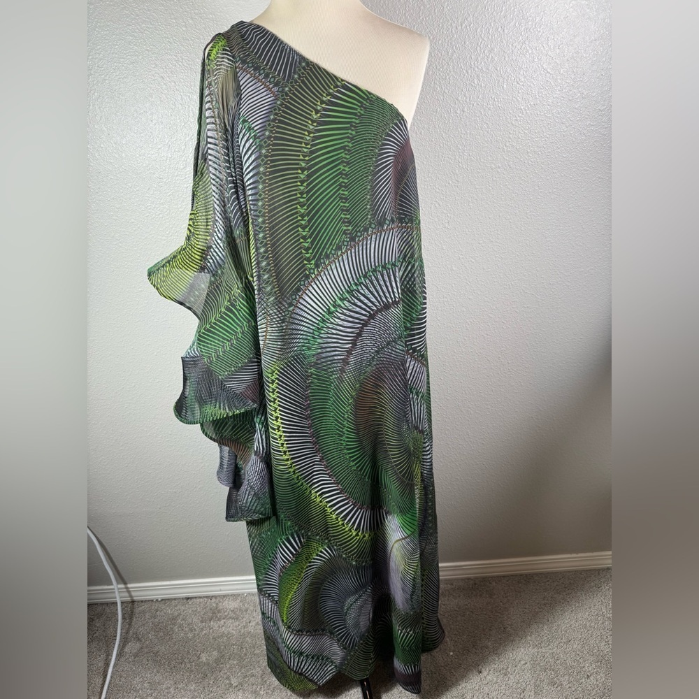 Asymmetric One-Shoulder Maxi Dress in Green Swirl Print